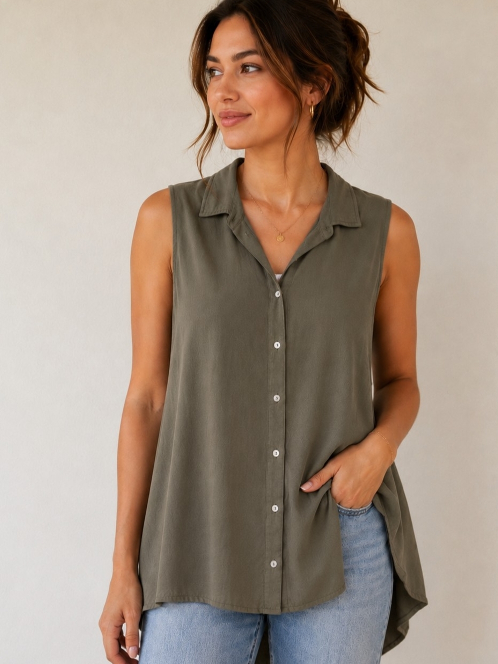 T72 Fever Button Down Tunic Relax Flowy High-Low Utility Classic Style Everyday